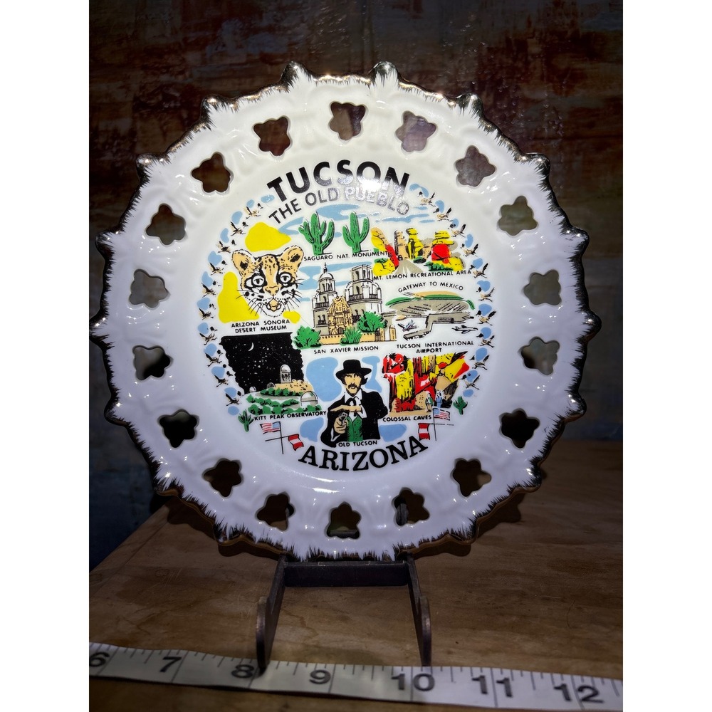 Vintage Tucson Arizona Souvenir Plate Pierced Lattice Gold Trim The Old Pueblo